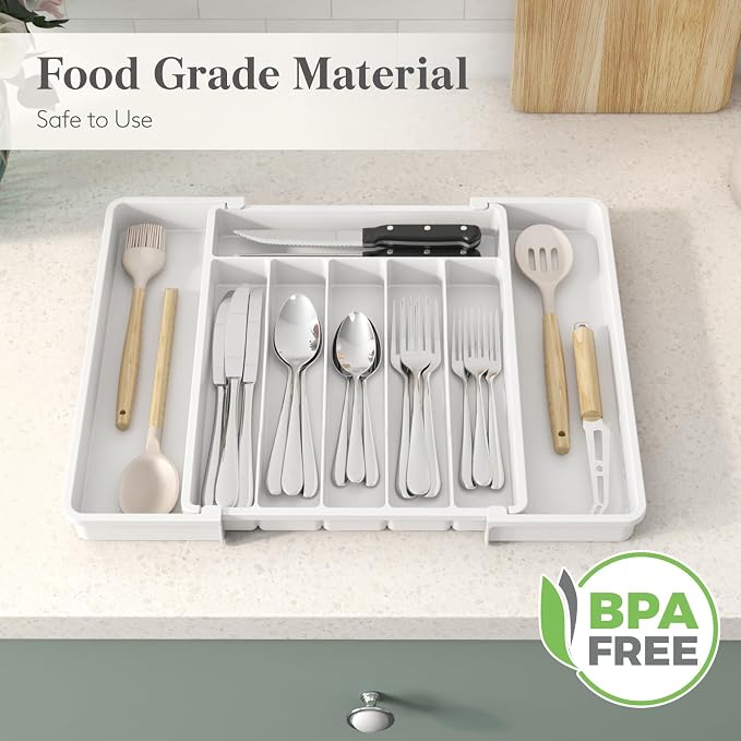 Lifewit Expandable Silverware Drawer Organizer, Kitchen Utensil Tray | BPA-free Plastic Flatware Cutlery Holder, Space-Saving Storage for Spoons Forks Knives, 11-18 x 14 x 1.5“, White - Image 7