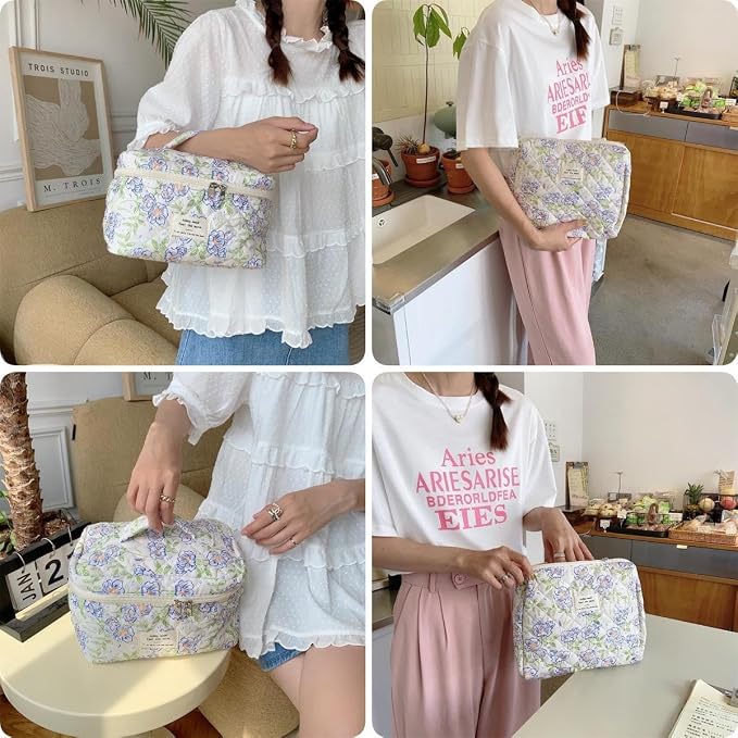 Fcteap Makeup Bag Travel Essentials Quilted Cosmetic Toiletry Pouch Organizer Insert for Women Dorm Room Essential Gift Large Capacity Opening Lightweight Cute Aesthetic Portable 2PCS (Flower) - Image 2