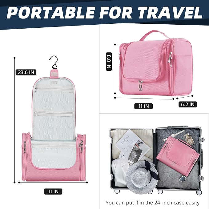 Buruis Hanging Toiletry Bag, Travel Toiletry Bag for Women and Men, Pink | Honeycomb Nylon Design, Large Capacity, Dual Zippers, Sturdy Hanging Hook, Full-Size Toiletry Storage, Cosmetic Essentials - Image 2