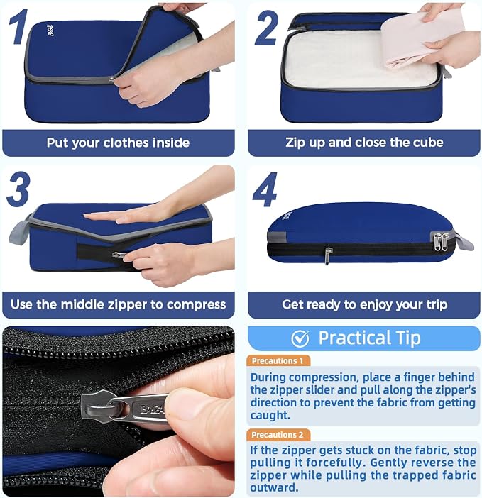 BAGAIL 4 Set/6 Set/8 Set Compression Packing Cubes Travel Accessories Expandable Packing Organizers (Cloth Pattern, 4-Navy) - Image 3