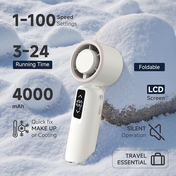 Portable Handheld Turbo Fan, 1-100 Gear Wind, Battery Operated, Up to 23 Working Hours, 3 IN 1 Personal Fan with Air Turbo Tech, Cooling Essentials for Indoor/Outdoor(White) - Image 3