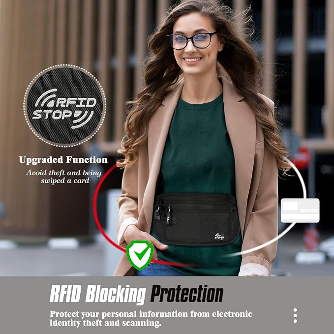 MoKo Travel Money Belt with RFID Blocking, Hidden Passport Wallet, Black | Ultra-thin money belt has moisture-wicking backing and an adjustable strap for 24-38 in waists; fits under clothing. - Image 3