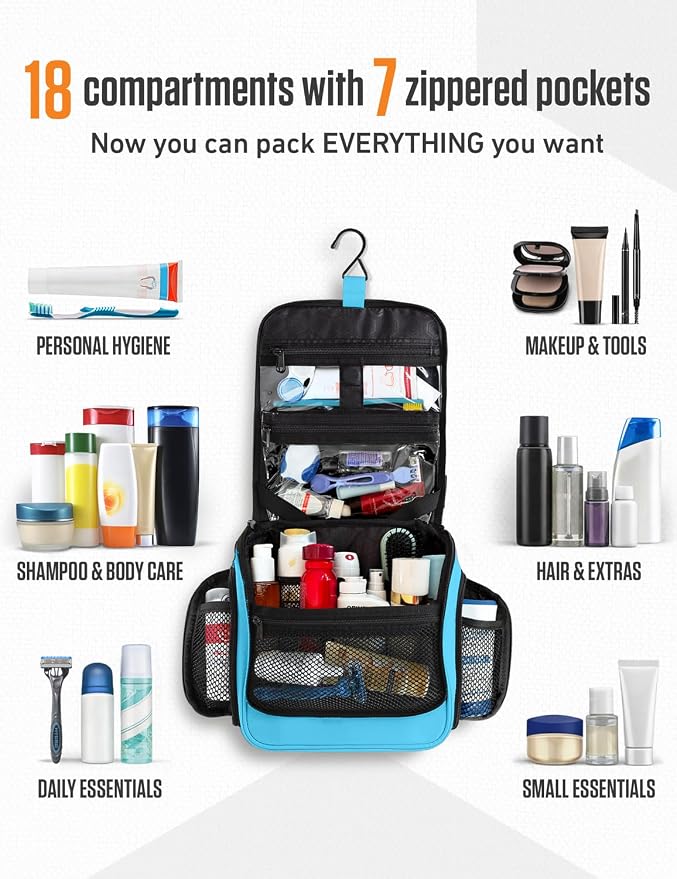 VENTURE 4TH Hanging Travel Toiletry Bag, 18 Compartments - Light Blue | Hangs on rails, hooks or doors; stands upright. Removable TSA pouch. Water-resistant Nylon 290D Twill, reinforced stitching. - Image 3