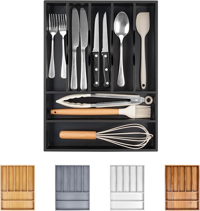 Bellsal Bamboo Silverware Drawer Organizer, Utensil Kitchen Drawer Organizer, Utensil Holder Cutlery Tray with Grooved Drawer Dividers for Kitchen Utensils and Flatware Bedroom Office (7 Slot, Black) by Bellsal