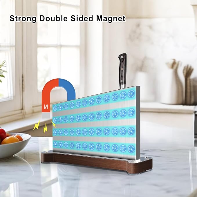 Magnetic Knife Holder Stand,Large Double Sided Magnetic Knife Block WIthout Knives Stainless Steel Magnet Kitchen Knife Holder Strong Magnetic Knife Rack Storage With Three Magnet Strip - Image 2