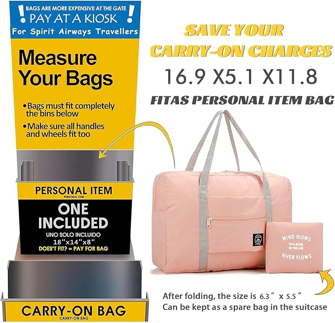 Foldable Travel Duffel Bag Tote Carry on Luggage Bag Spirit Airlines Personal item Sports Gym Bag Water Resistant Weekender Overnight Bags for Women and Men (Pink) - Image 6