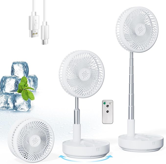 Portable Rechargeable Fan,7200mAh Battery Oscillating Fan with Remote | 6-21H,Foldable, 4 Speed Settings, Desk Travel Fan for Sleeping Camping Cruise, RV - White 8" by Primelove