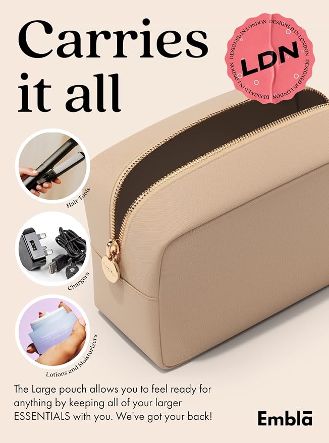 Embla Large Makeup Bag and Waterproof Nylon Travel Toiletry Bag, Large Capacity Cosmetic Zipper Pouch, Beige - Image 4