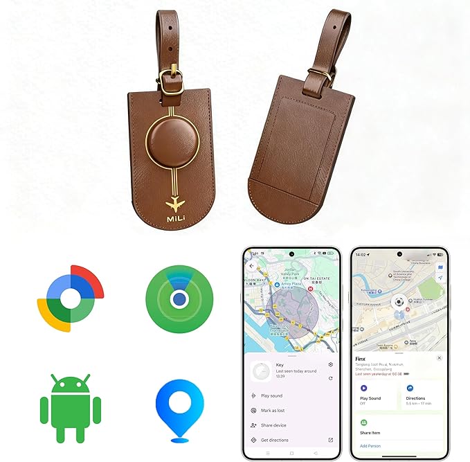 MiLi Smart Bluetooth Luggage Tracker Tag for iOS & Android | Works with Apple Find My & Google Find Hub, Anti-Lost Leather Travel Locator for Suitcase, Backpack & Gear, Brown by MiLi