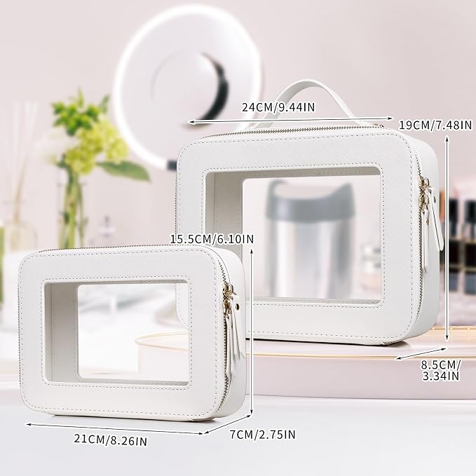 Pinkmik Clear Makeup Bag, (White, M+L) | 2PC,Waterproof, Travel Cosmetics and Toiletries Case, Portable Makeup Organizer, Clear Car Bag with Zipper - Image 4