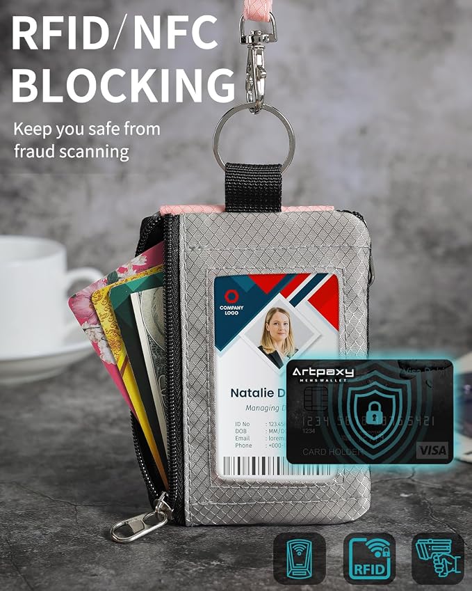 Artpaxy Minimalist Wallet For Mens Womens, Keychain RFID Blocking Zipper Small Wallet with ID Window 2 Lanyards,Water Resistant Travel Cash Card Coin Case Boys Girls - Image 5