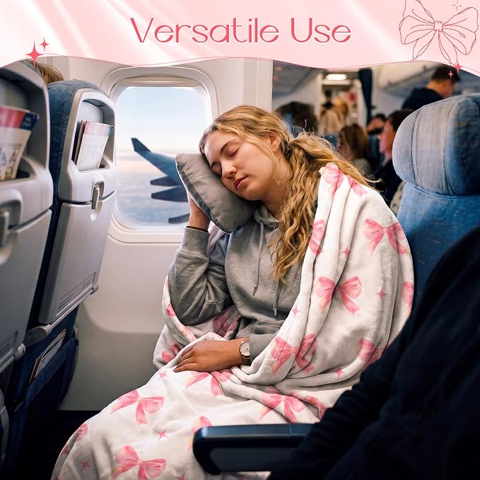 Pink Blue Bow Travel Blanket Airplane and Pillow Compact 2 in 1 Soft Fleece Travel Blanket and Pillow Set with Luggage Sleeve Backpack Clip Compact Airplane Essentials Gifts, 40"x60" (Pink) - Image 6