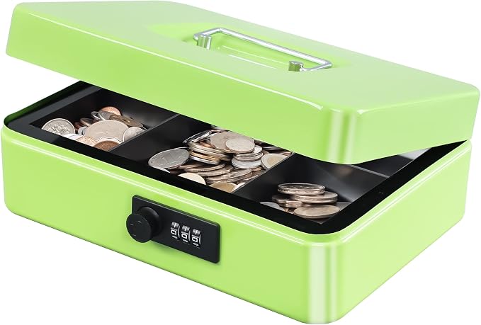 KYODOLED Large Cash Box with Combination Lock,Safe Metal Box for Money, Storage Lock Box with Money Tray,9.84"x 7"x 3.54" Limegreen Large by KYODOLED