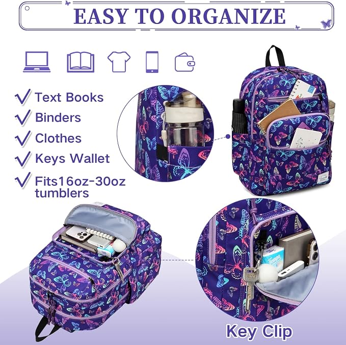 VASCHY School Backpack for Teen Girls, Bookbag Schoolbag Casual Daypack for High School/College/Women/Travel/Work Butterfly - Image 5