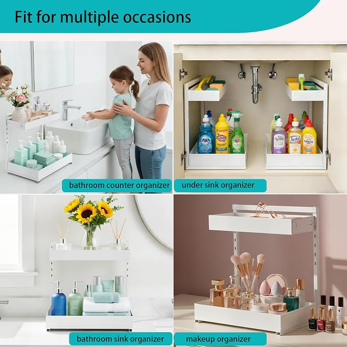 Under Sink Organizer, Bathroom Counter Organizer, 2 Packs 2-Tier Metal, Under Cabinet Storage, Makeup Storage, Adjustable Height & Slide-Out Drawer for Kitchen Bathroom, White - Image 6