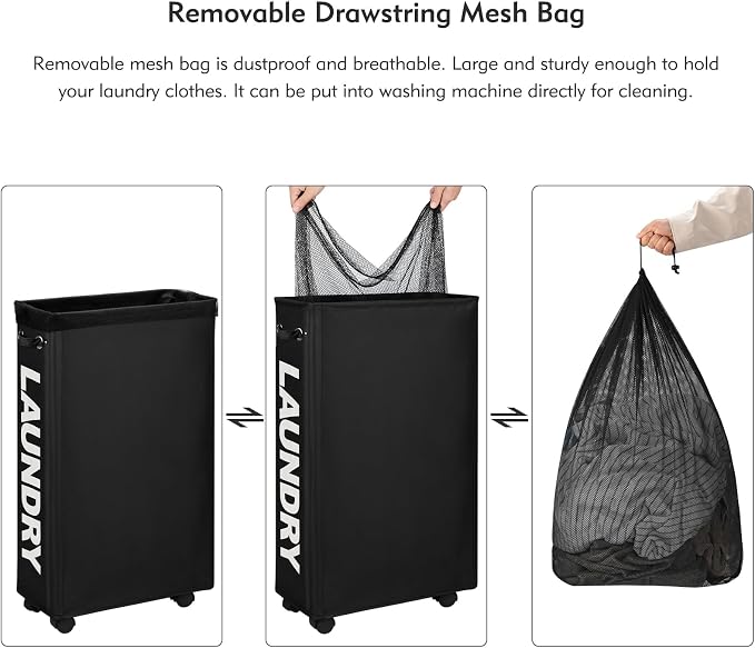 DOKEHOM 29" Enlarged Slim Rolling Laundry Basket Hamper on Wheels, Black | Collapsible tall laundry hamper with removable mesh wash bag. Foldable narrow corner clothes storage bin for small spaces - Image 5