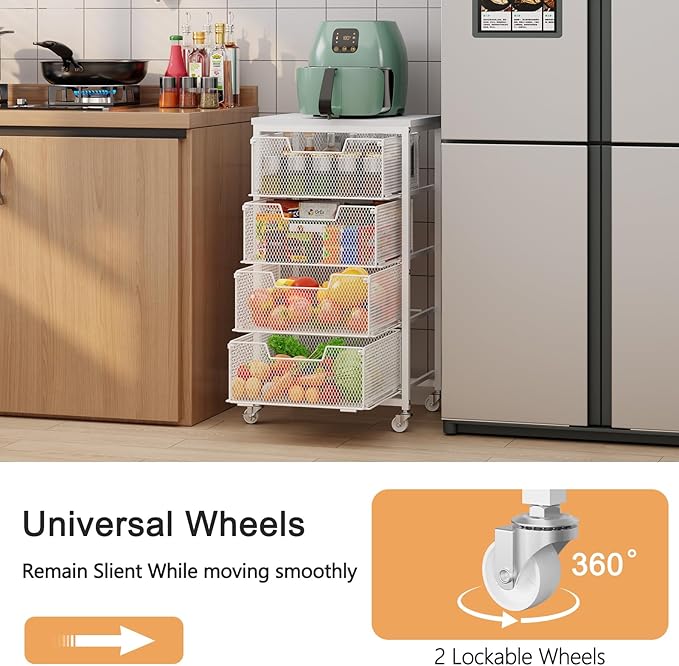 4-Tier Kitchen Storage Cart - Fruit Vegetable Storage Cart with Drawers, Wooden Top Metal Wire Kitchen Organizer and Storage Cart with Wheels to Storage Onions Potatoes Cans Snacks for Kitchen - Image 2