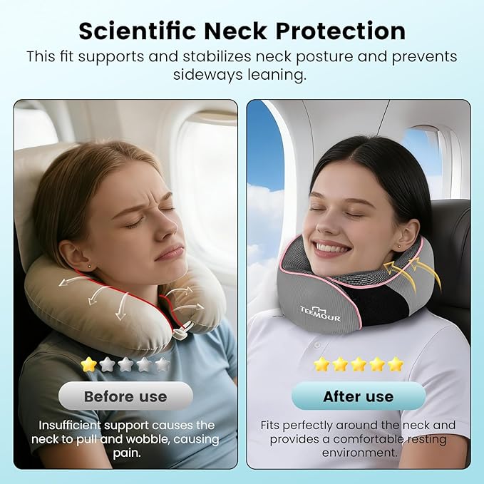 Teemour Travel Neck Pillow Airplane- Upgraded Memory Foam Neck Pillow for Airplanes 360° Support Desing, with Eye Mask & Earplugs, Portable Carry Bag for Long Flights, Business Trip|Travel Essentials - Image 3