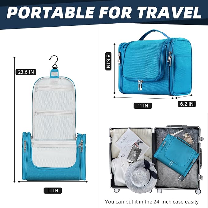 Buruis Hanging Toiletry Bag for Women and Men, Cosmetic Bag, Light Blue | Honeycomb Nylon Design, Large Capacity, Dual Zippers, Sturdy Hanging Hook, Full-Size Toiletry Storage, Cosmetic Essentials - Image 2