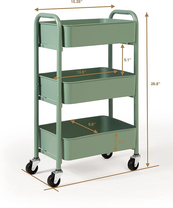 SunnyPoint 3-Tier Delicate Compact Rolling Metal Storage Organizer - Mobile Utility Cart Kitchen/Under Desk Cart with Caster Wheels - Turq (15.35" X 10.24" X 26.8"H) - Image 6