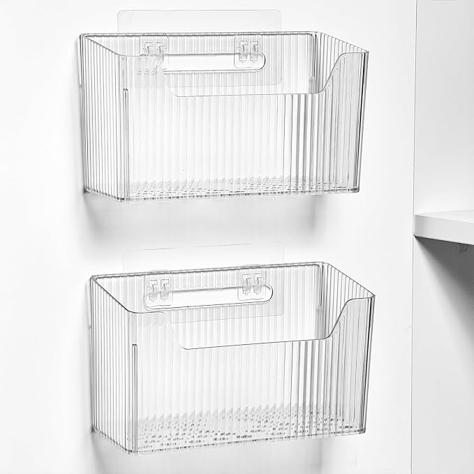 Sinnsally 2 Pack Cabinet Door Organizer,Self Adhesive Lid Organizer Inside Cabinet Storage Boxes,Stackable Hanging Basket Bins Wall Mounted Shower Caddy Holder for Kitchen,Bathroom,Pantry(Clear White) by UsefulKitchenTools