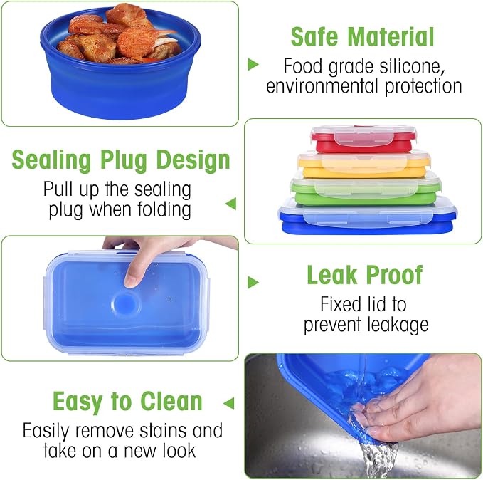 Yaomiao 16 Pack Collapsible Food Storage Container with Lid,Bright Colors | Silicone Bowls with Air Vent, Foldable Rectangle Round Bowl ,For Rv Camping Meal Prep Organizing, Microwave Freezer Safe - Image 3