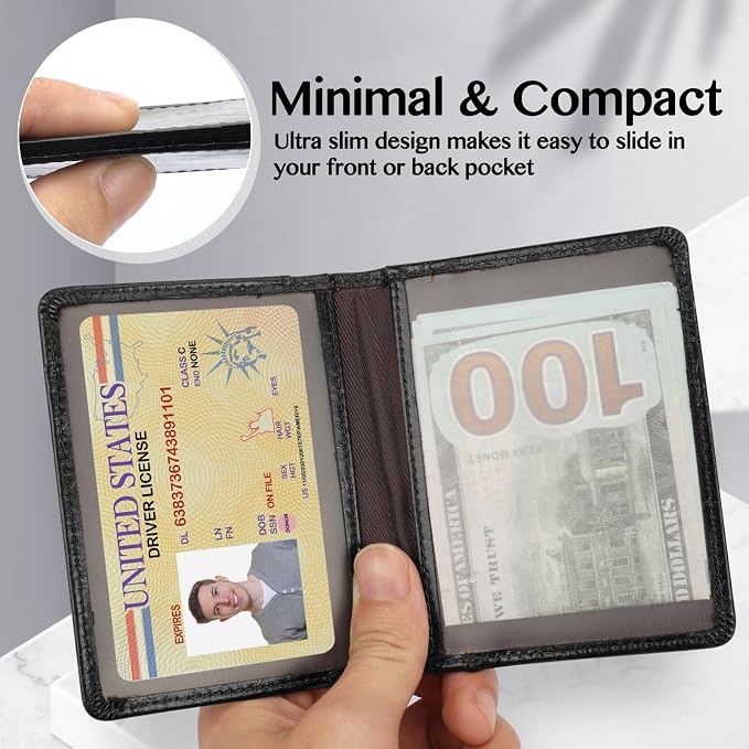 Unaone Slim Minimalist Wallet - Premium Leather Card Holder RFID Blocking Card Case with 8 Card Slots and 2 ID Window, Crackle Black - Image 5
