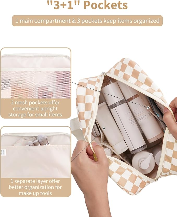 Narwey Large Travel Toiletry Bag Women, Checkered Makeup Bag with Handle, Portable Make up Cosmetic bag Organizer, Travel Bag for Toiletries, Skincare, Medicine, Essentials (Light Checkerboard, Large) - Image 2