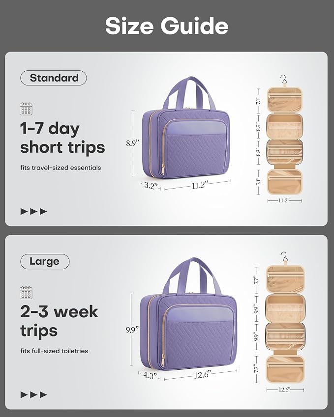 HOTOR Hanging Travel Toiletry Bag Women Men, Light Purple, Medium | Waterproof Makeup Bag Hanging Hook,Multiple Pockets,Travel Essentials,11.2 x 3.2 x 8.9inches - Image 2