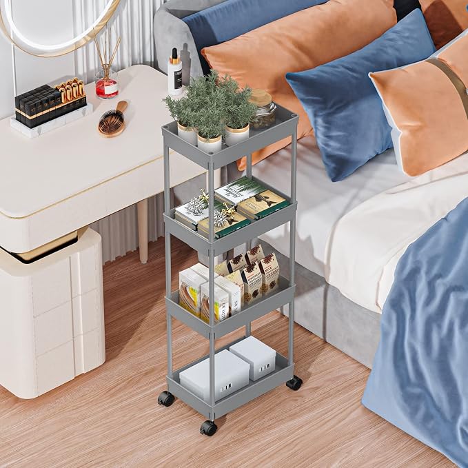Sooyee 4 Tier Wide Storage Cart, Rolling Utility Cart Grey | Mobile Shelving Unit Organizer with Wheels, Slide Out Storage, Tower Rack, For Kitchen Bathroom Laundry - Image 2