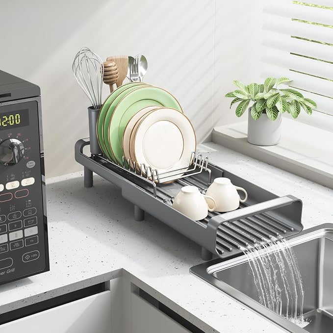 TOOLF Small Dish Drying Rack, Expandable and Space-Saving, Gray | Mini Dish racks for kitchen counter, Compact Design Fits Sink or Counter, Stainless Steel Plate Rack, 11"-19.3"L×7.7"W×3.54"H - Image 7