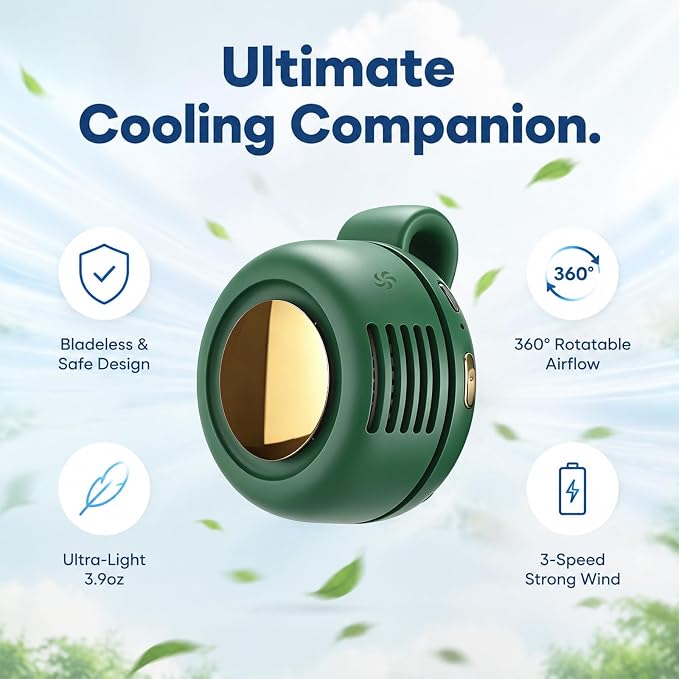 Portable Clip-on Fan Silent Bladeless Mini Fan | 360°Rotation 3-speed Modes Whirlwind Waist Clips Fans Hands-Free Cooling Fan Outdoor Trip Work Travel Green - Image 8
