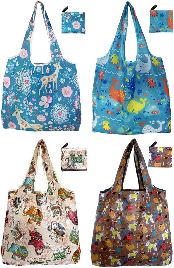 Foldable Reusable Grocery Bags, 4 Pack Large Shopping Tote Bags, Durable & Machine Washable Lightweight Totes for Travel, Groceries & Daily Essentials by NewOpportunityInLivingKindly
