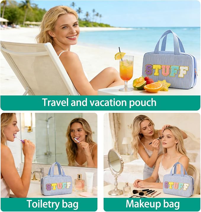 Hanging Toiletry Bag for Women Chenille Letter Travel Cosmetic Bag Fashion Stripes Water-resistant Makeup Bag for Store Toiletries Cosmetic Accessories Medium Blue - Image 6