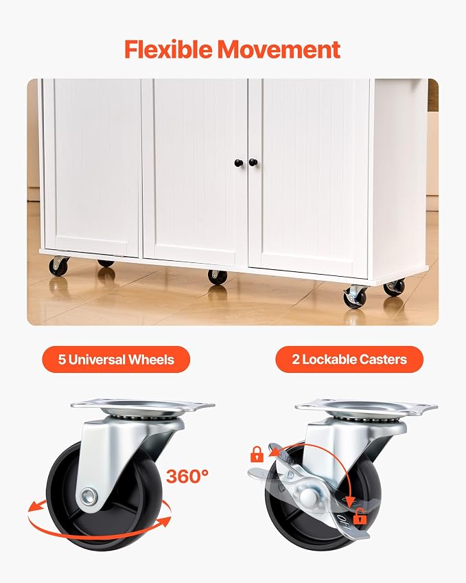 VEVOR Kitchen Island Cart with Storage, 60in Wide Mobile Kitchen Cart with Wheels, Drop Leaf, 2 Drawers, Trash Can Cabinet, Knife Holder, Spice Rack, and Towel Rack, Table for Dining Room, Pantry - Image 7
