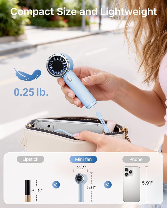 SWEETFULL Portable Handheld Fan, Mini Rechargeable Personal Hand Fan | Strong Airflow, Up to 12H, Pocket-Sized, 5 Speeds, Quiet Cooling Travel Essentials, Cute Gifts for Women, Girls, Lash, Makeup - Image 4