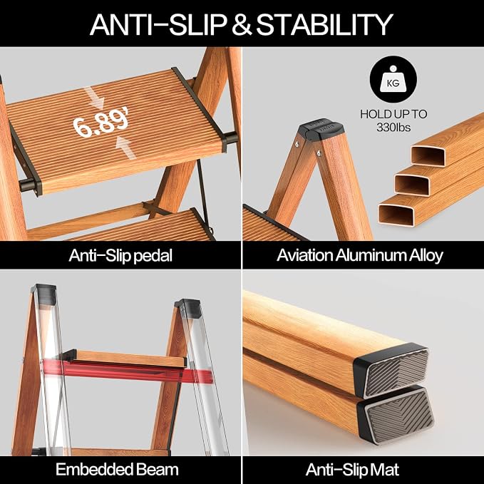 4 Step Ladder, Folding Step Stool with Anti-Slip Wide Pedal | Lightweight, Aluminum Material, 330LBS Load, Portable, Easy Storage, Space Saving, for Kitchen, Bedroom Use, Woodgrain - Image 3