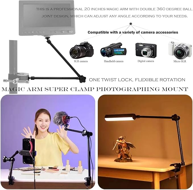 Niewalda 20" Magic Arm Clamp Kit with 1/4" & 3/8" Threaded Mounts | with Phone Clip/Tripod Mount Adapter for Various Action Camera /DSLR/Cell Phone /Vlogging and LCD Monitor/LED Lights Mount - Image 6