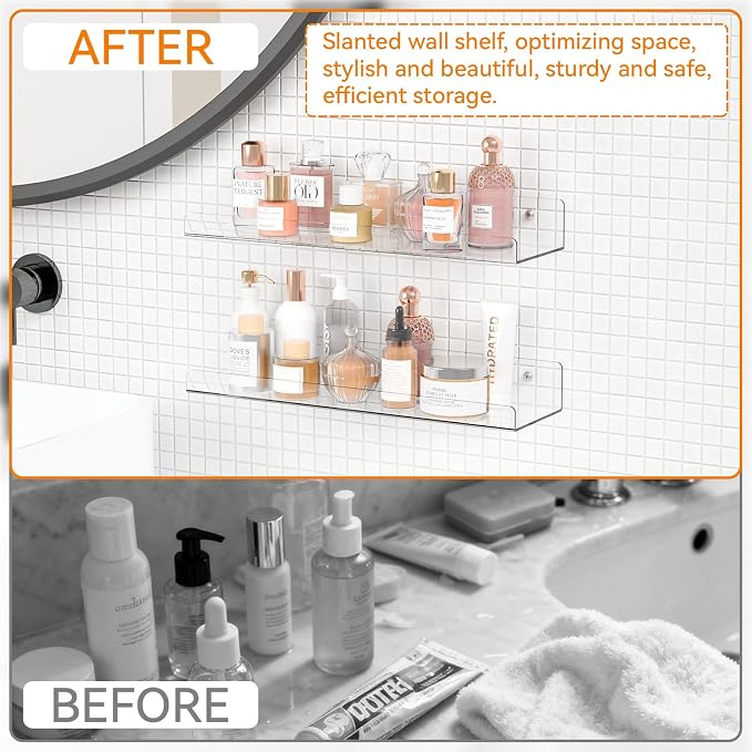 6 Pack 15" Acrylic Shelves for Wall,Bathroom,Bedroom - with Adhesive - No Drilling Clear Floating Shelves for Funko Pop,Lego,Action Figures,Nail Polish,Perfume Shelf and Wall Storage & Display - Image 5
