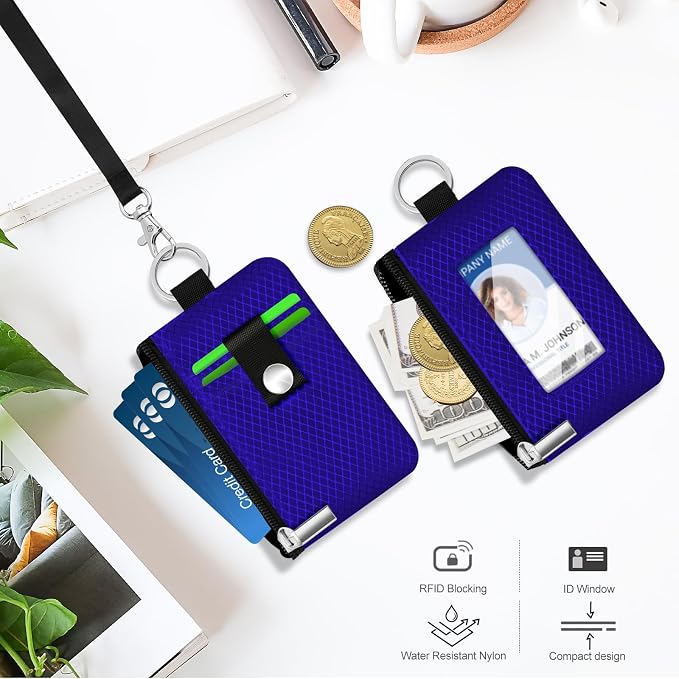 Minimalist RFID Blocking Small Wallet with ID Window,WaterResistant Zip Id Case Wallet with Lanyard Keychain for Cards,Cash,Travel,Women,Men (Sapphire Blue) - Image 8