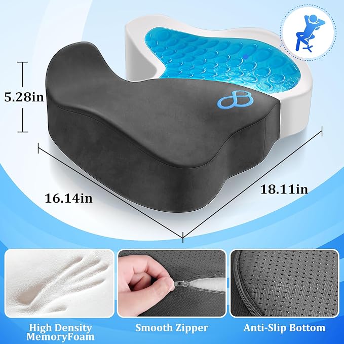CushyOasis Seat Cushion, Office Chair Cushions, 5.28 in Thick (Grey) | Anti-Slip Back & Removable Cover, Ergonomic Tailbone Support Seat Cushion, Memory Foam Seat Cushion for Office - Image 5
