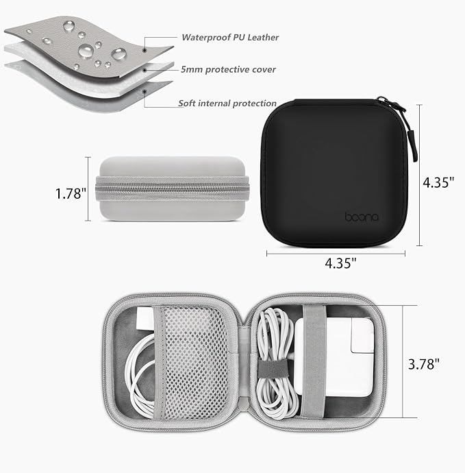 4.4"x4.4" Travel Charger Organizer Storage Pouch, Black PU | Portable travel pouch, holds MacBook power adapter, cables, USB drives, earphones and small electronics - Image 2