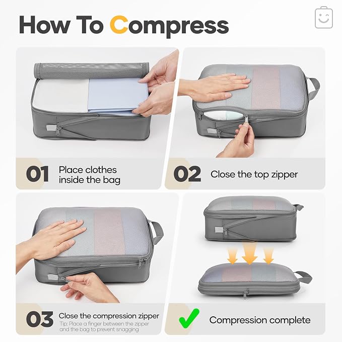 Veken 11 Set Compression Packing Cubes Garment Bags for Travel Essentials,Compressible Expandable Luggage Organizer Bags for Clothing,Space Saver Bags with Over 1000 pcs of Mesh Holes(Gray) - Image 3