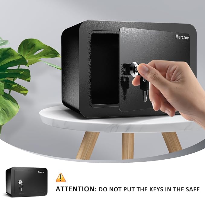 Marcree 0.23 Cub Safe, Small Safe Box with Key, Mini Safe for Kids | Mini Home Safes for Money, Coin and Cash, Security Safes for Kids, Personal Lock Box, Black, 6.69 x 9.06 x 6.69 Inches - Image 4