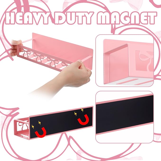 Beeveer 2 Pcs Magnetic Spice Rack for Refrigerator, Pink Bow | Magnetic, No Drilling, Pink Bow Kitchen Decor, Pink Home Accessories, 2 Sizes Metal Storage Shelf for Fridge Spices - Image 3