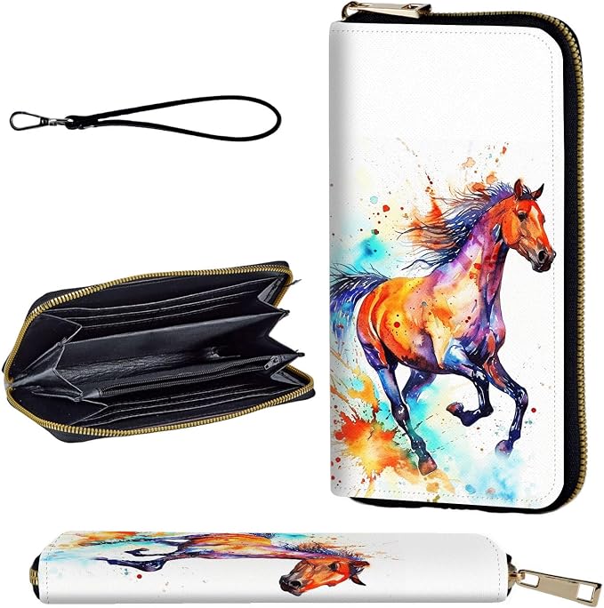 Wallet,Leather Long Wallet Suitable For Ladies And Teenagers - Detachable Wristband + RFID Travel Wallet With Card Slot - Watercolor Horse by Unknown