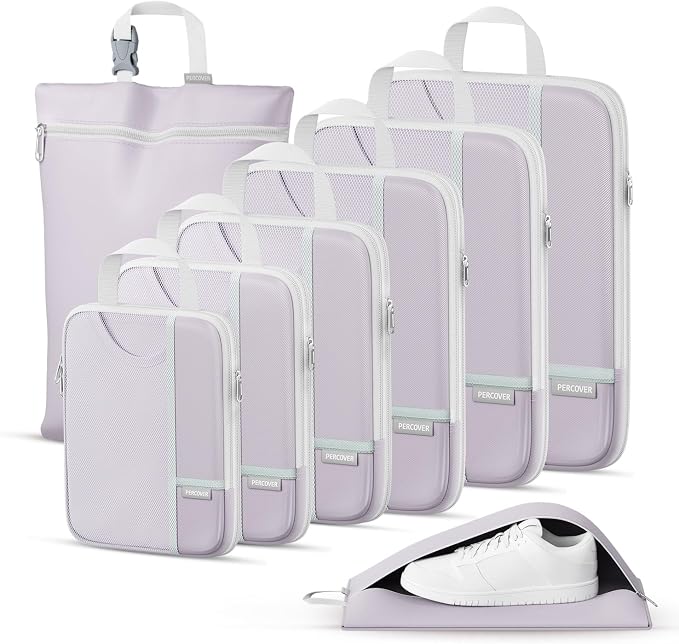 Percover Compression Packing Cubes for Travel, 8-Piece Structured Compression Organizer Set with Laundry Bag & Shoe Bag for Carry-On & Checked Luggage, Purple by Unknown