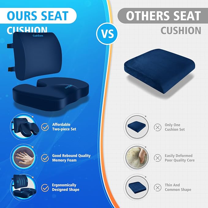 CushZone X-Large Seat Cushion and Lumbar Support Pillow for Office, Blue | Thick Memory Foam for Sciatica Pain Relief & Posture Correction, Non-Slip Chair Cushions for Car, Wheelchair and Travel - Image 7