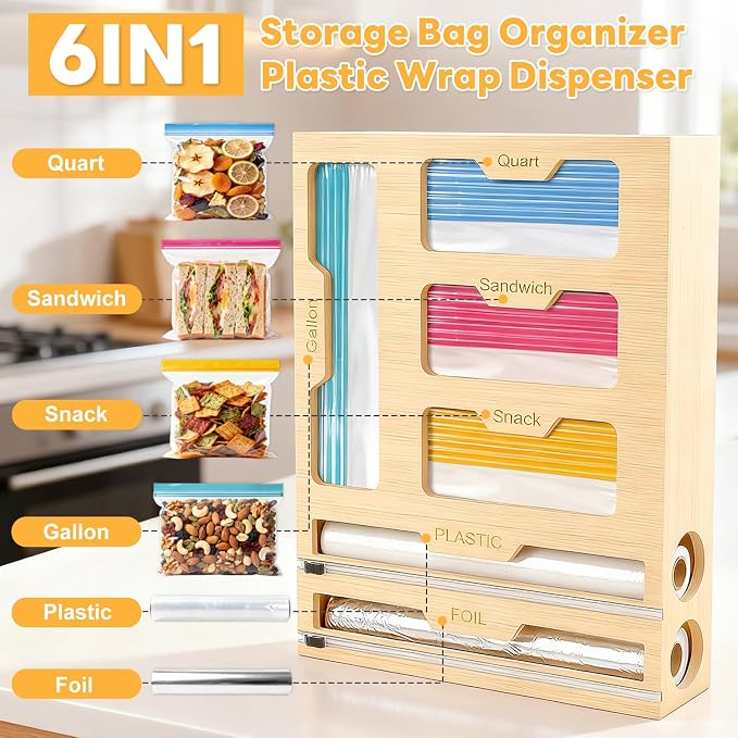 Magnetic Storage Bag Organizer 6 In 1 Food Bag Organizer for Fridge and Drawer, Foil and Plastic Wrap Organizers with Cutter, Food Storage Bags Organizers for Gallon Quart Sandwich Snack - Image 4