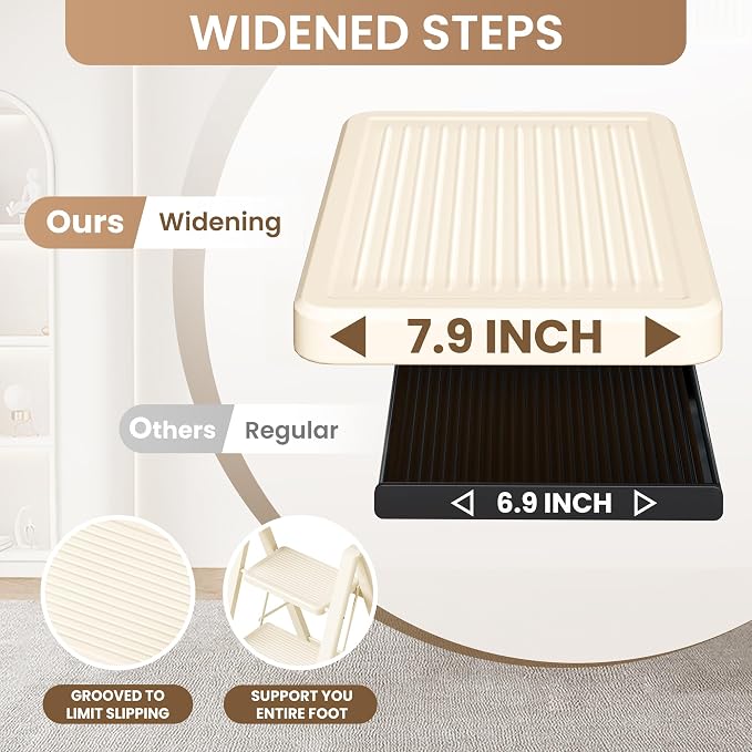 2 Step Ladder, Foldable Step Stool with Wide Anti-Slip Pedal | Portable, Sturdy Carbon Steel, 330LBS Capacity, Easy Storage, Space Saving, for Kitchen, Closet, Cream White - Image 7